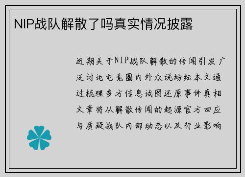 NIP战队解散了吗真实情况披露