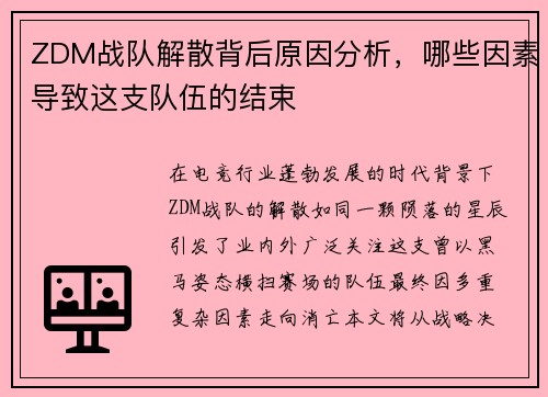 ZDM战队解散背后原因分析，哪些因素导致这支队伍的结束