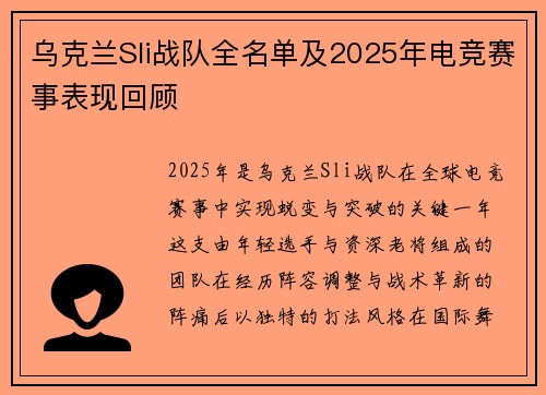 乌克兰Sli战队全名单及2025年电竞赛事表现回顾