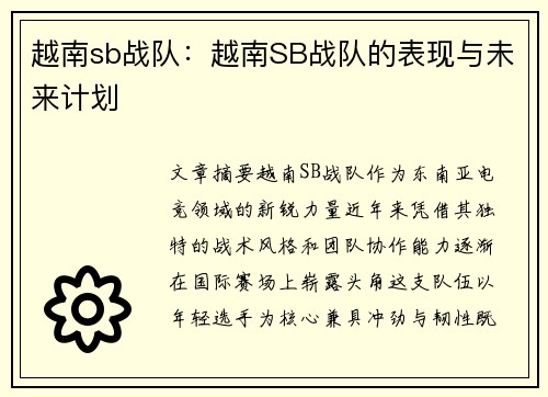 越南sb战队：越南SB战队的表现与未来计划