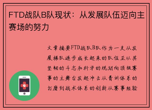 FTD战队B队现状：从发展队伍迈向主赛场的努力