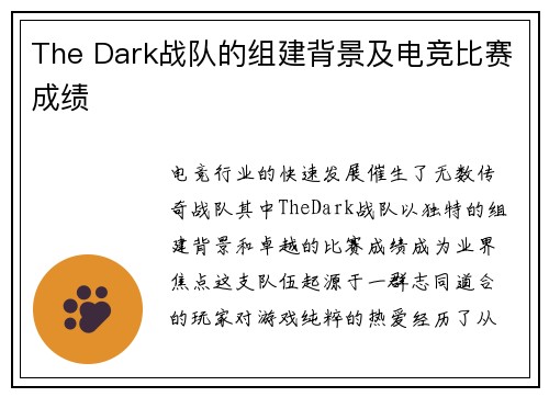 The Dark战队的组建背景及电竞比赛成绩