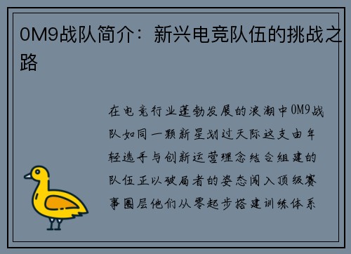 0M9战队简介：新兴电竞队伍的挑战之路